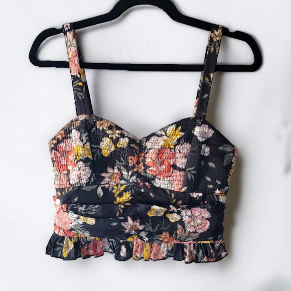 bog collective Tops - NWT! BOG Collective Black Floral Print Crop Top Smocked Bust Ruffle Hem Festival
